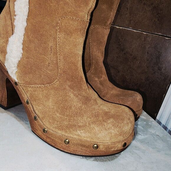 MIA Sz9 Y2K Tan Suede Faux Shearling Trim Retro Boho Hippie Wood Heel Clog Boots - Picture 4 of 11